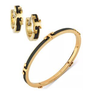 Tory Burch Black & Gold Enamel Serif Bangle Bracelet